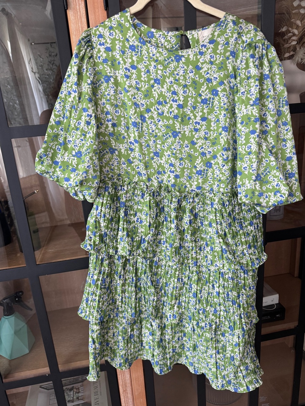 Melloday ditsy floral pleated midi dress short puff sleeve ruffle tiered flouncy